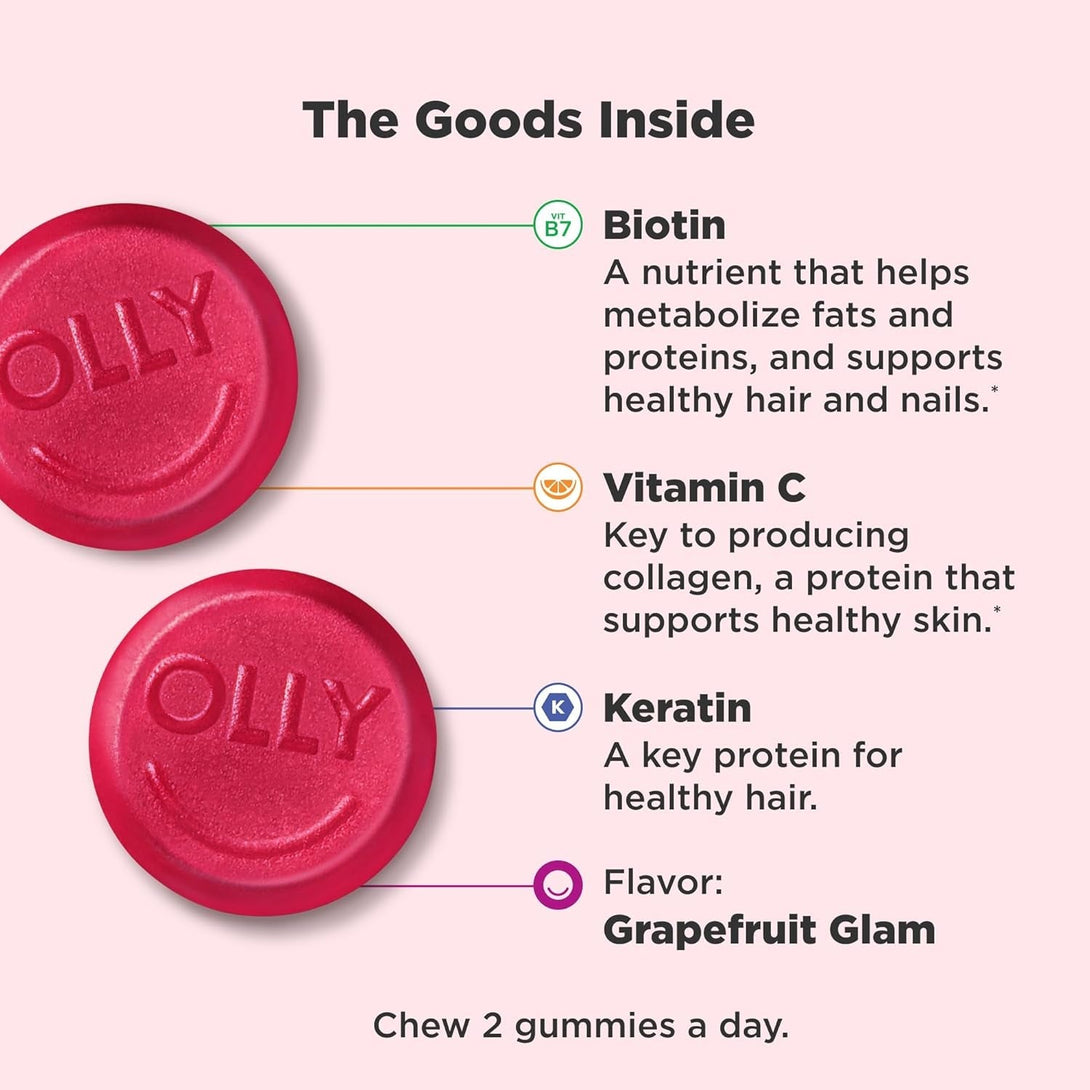OLLY Undeniable Beauty Gummy, for Hair, Skin, Nails, Biotin, Vitamin C, Keratin, Chewable Supplement, Grapefruit, 30 Day Supply - 60 Count