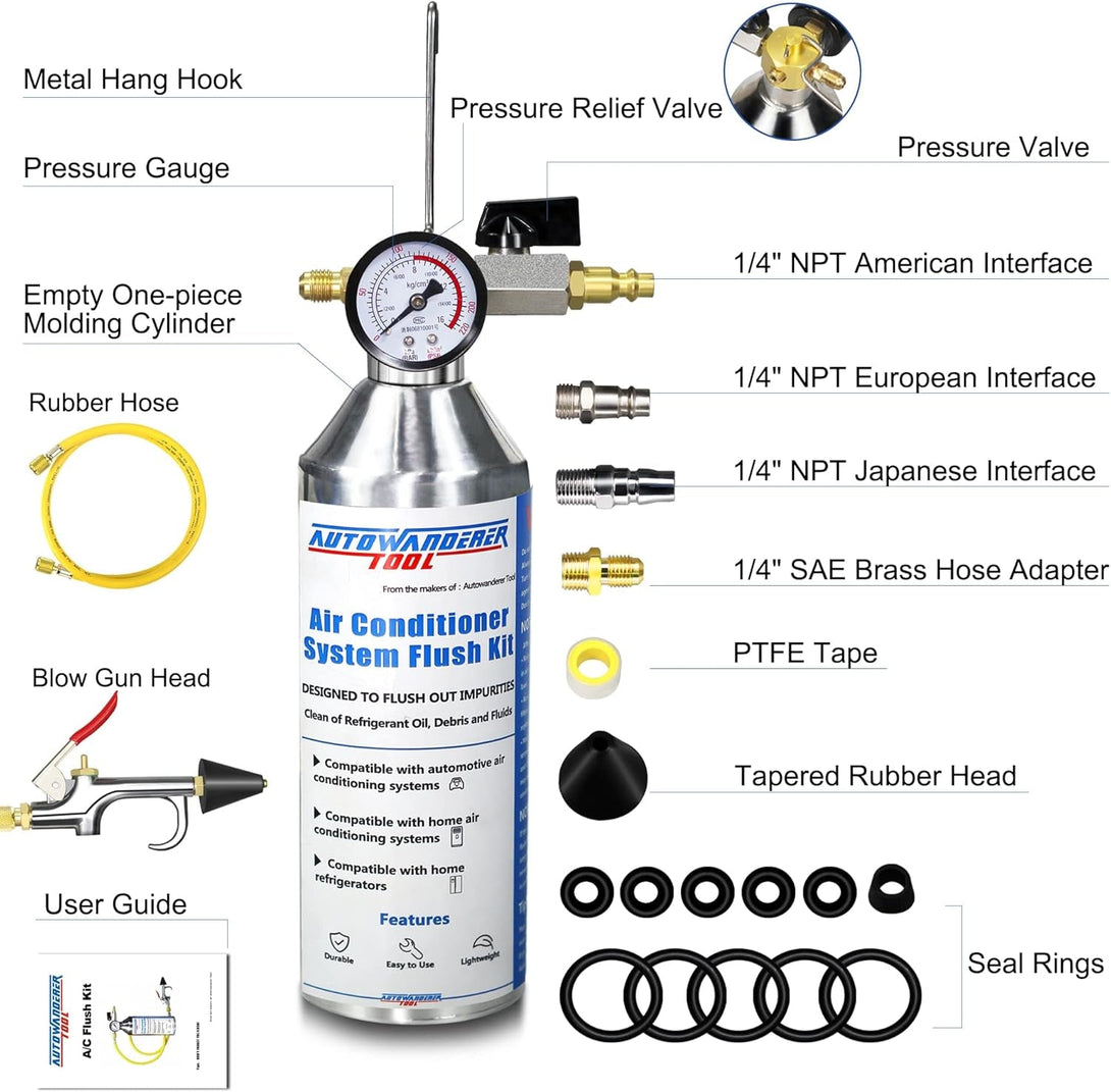 AC Flush Kit Air Conditioner System Flush Canister Gun Set for Clean A/C Line Flush R134A R410A R404A