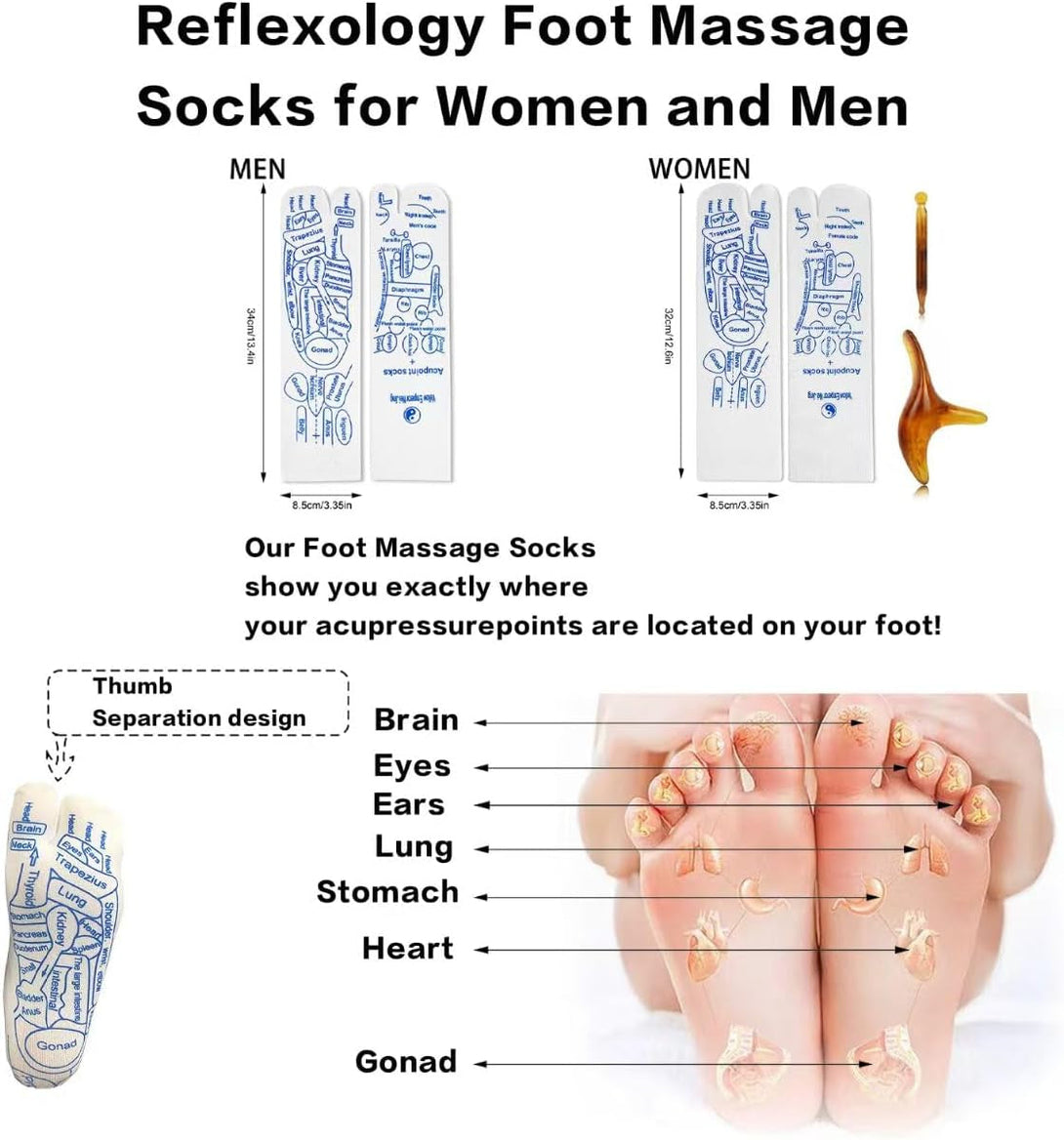 Reflexology Socks with Gloves Tools Set - Acupressure Foot Massager & Wooden Roller to Enhance Circulation, Relieve Pain in Wide Feet,Promote Health, Gift for Mom, Dad, or Elderly
