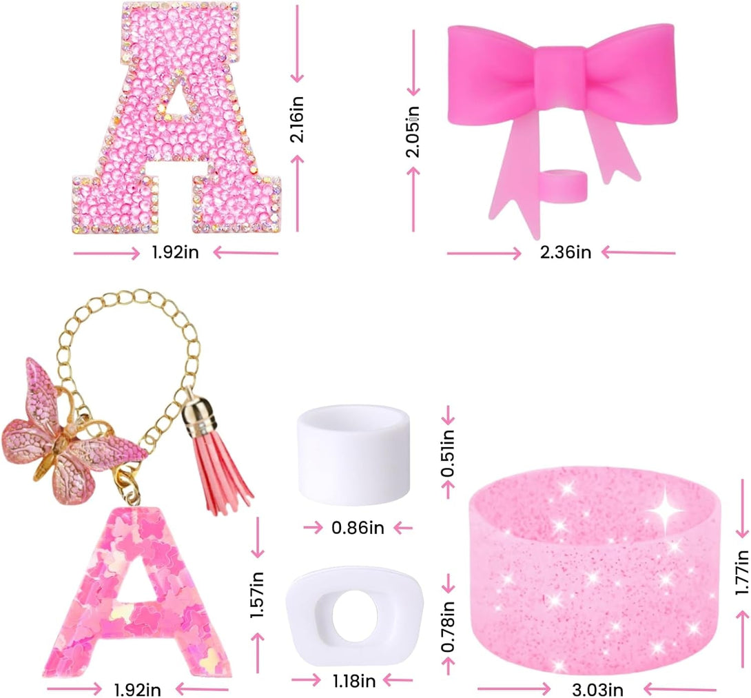 6PCS Pink Stanley Cup Accessories Set, Initials Decorations for Stanley Cup 30Oz 40Oz, Includes Bow Straw Topper, Handle Charm, Letter Sticker, Silicone Boot, Spill Proof Stopper (Letter M)