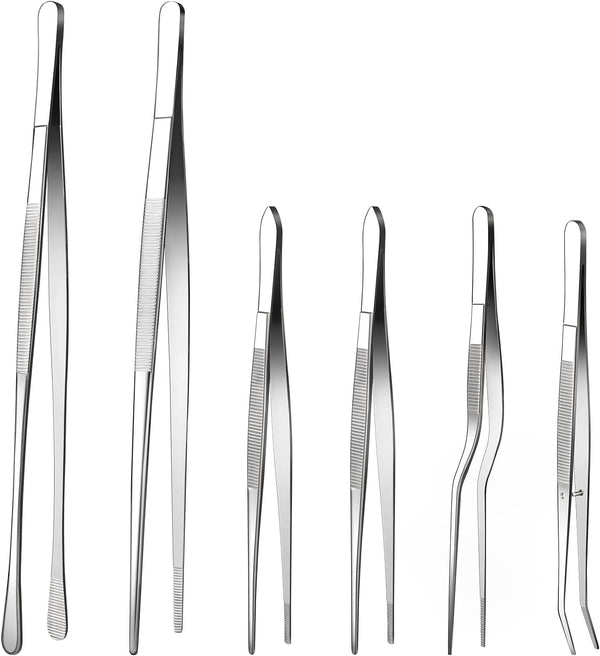 Fine Tweezer Tongs, 6Pcs Cooking Tweezers, 12'' and 6.3" Stainless Steel Food Tweezers, Professional Kitchen Long Tweezer with round and Curved Tips for Baking(6Pcs, 12"+6.3")