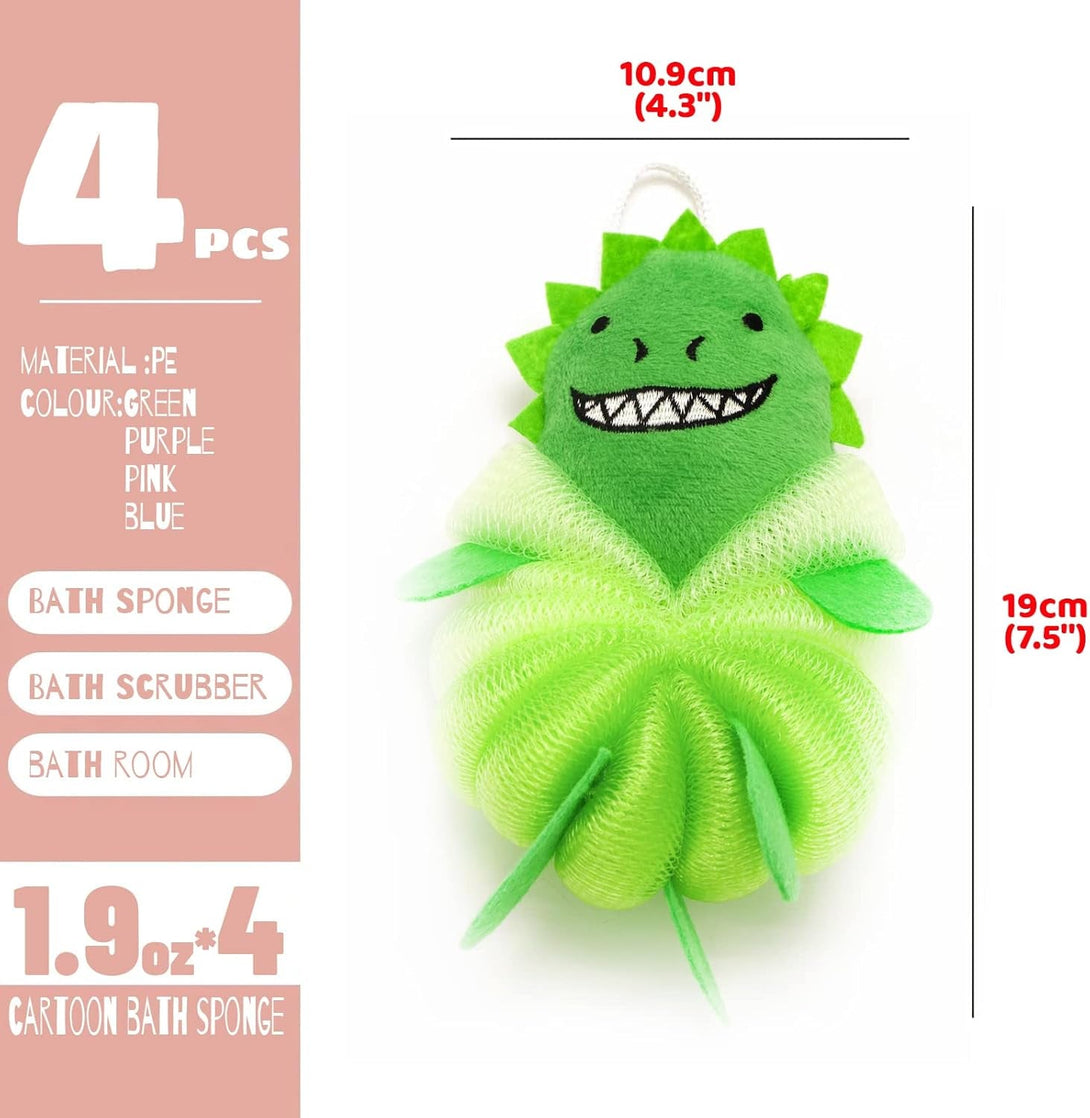 MURRI&MURRDI 4 Pcs Bath Loofah for Kids Bath Sponge, Lovely Animal Body Scrubber Kids Toddler Body Loofah Cute Cartoon Kids Bath Pouf Mesh Loofah Sponge for Children Shower 55G (4 Cartoon B)