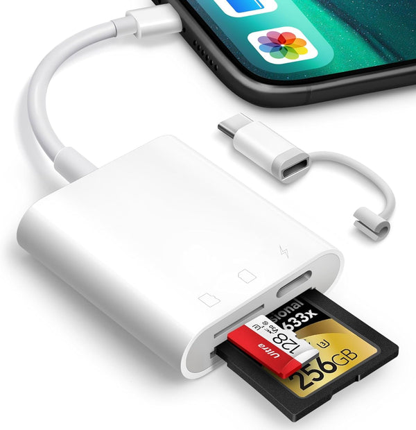 SD Card Reader for Iphone Ipad, Oyuiasle Digital Trail Camera SD Card Viewer with Dual Slot for Microsd/Sd, Lightening&Usbc Dual-Connector Memory Card Adapter for Photography, Plug and Play