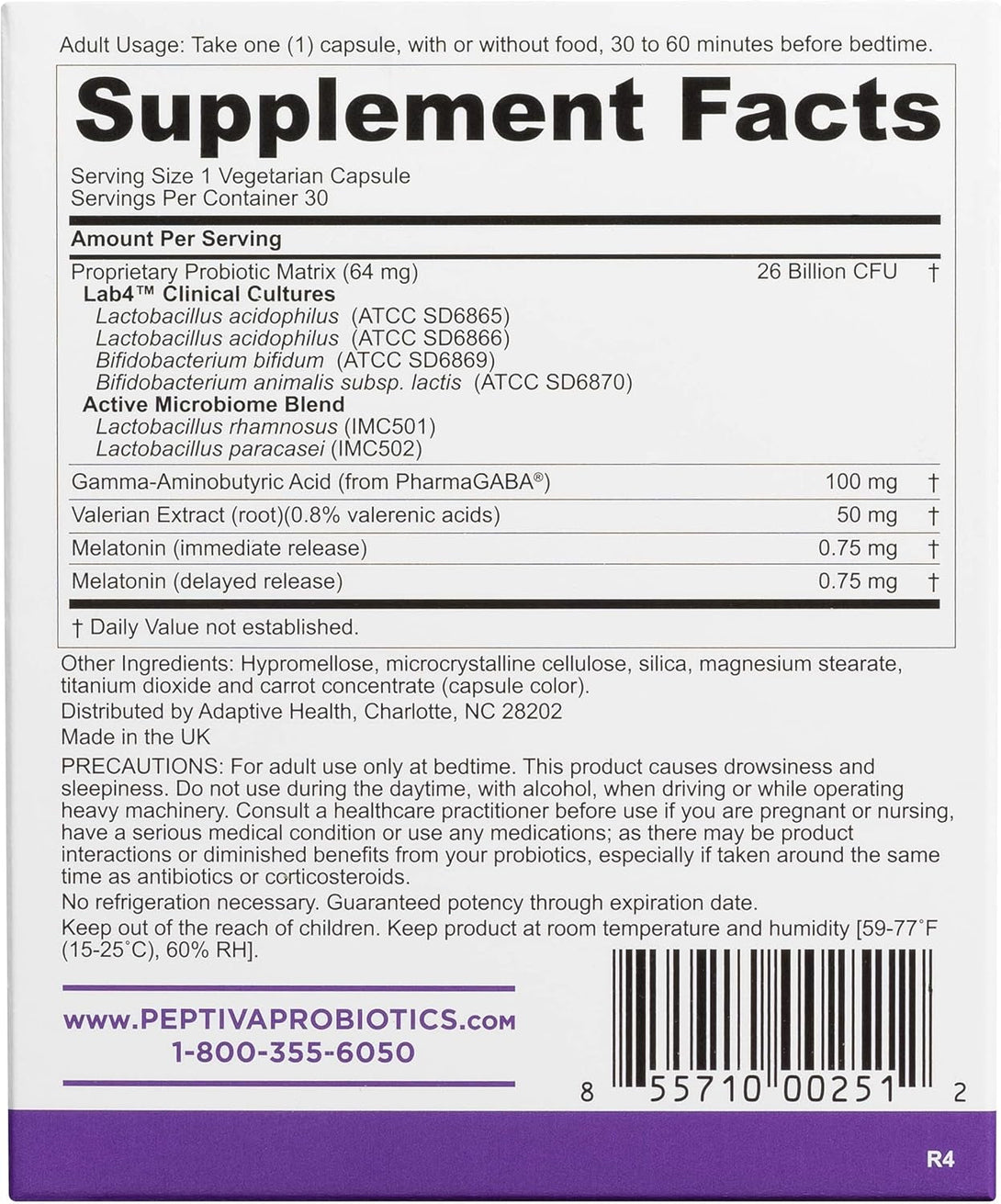 Peptiva 26 Billion CFU Probiotic and Sleep Support - Clinically Validated Multi-Strain Probiotic - Lactobacillus and Bifidobacterium, Melatonin - 30 Count