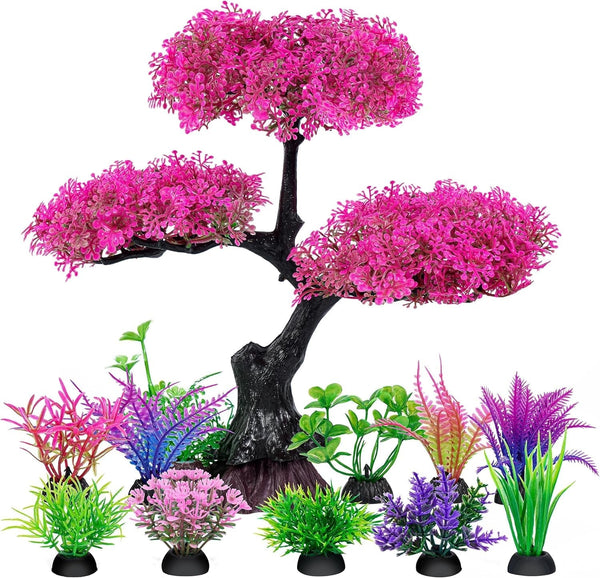 Ameliade Aquarium Artificial Plastic Plants Decoration, Pink Cherry Blossom Tree Aquarium Decor Set, Goldfish Betta Fish Tank Decorations Hides Accessoriesï¼ˆPink