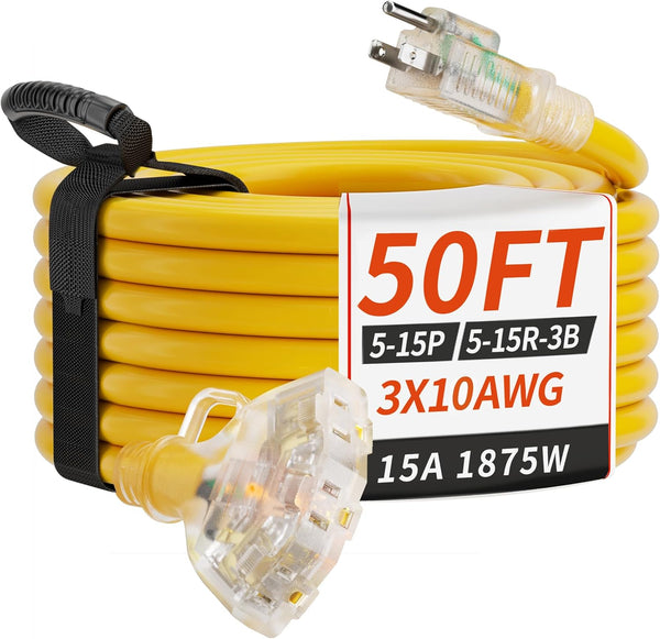 50 FT 10/3 Gauge Outdoor Extension Cord with Multiple Outlets Light Indicator, Flexible 3 Outlet Weatherproof Heavy Duty Extension Cord Waterproof Yellow, 15A 1875W 10AWG SJTW, ETL Listed