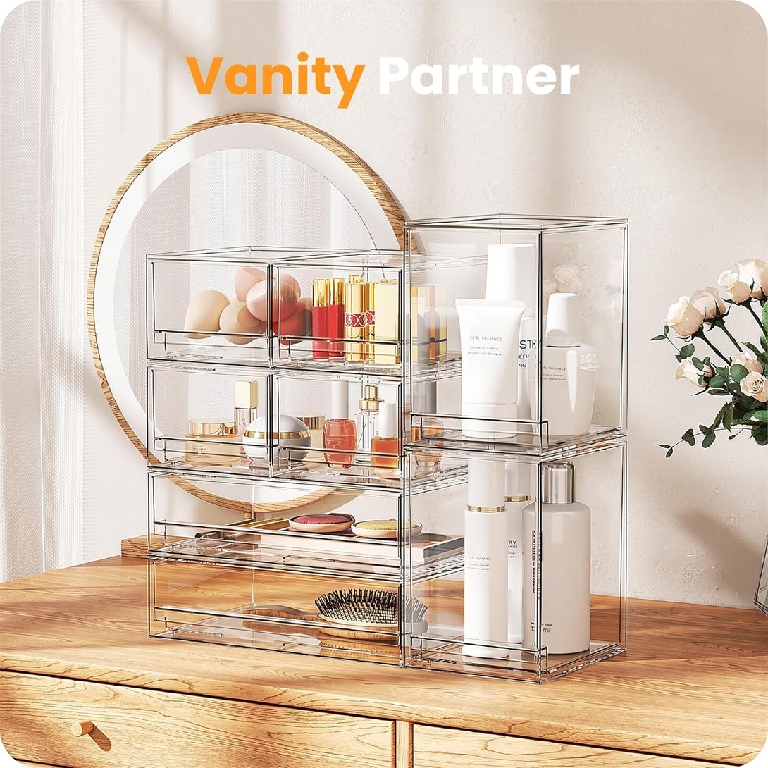 A-Lugei 【𝟰𝗣𝗖𝗦】 Acrylic Stackable Drawers, 7.5" L Makeup Organizer, Bathroom Organizer and Storage, Plastic Storage Bins for Kitchen Cabinet Pantry Medicine Fridge