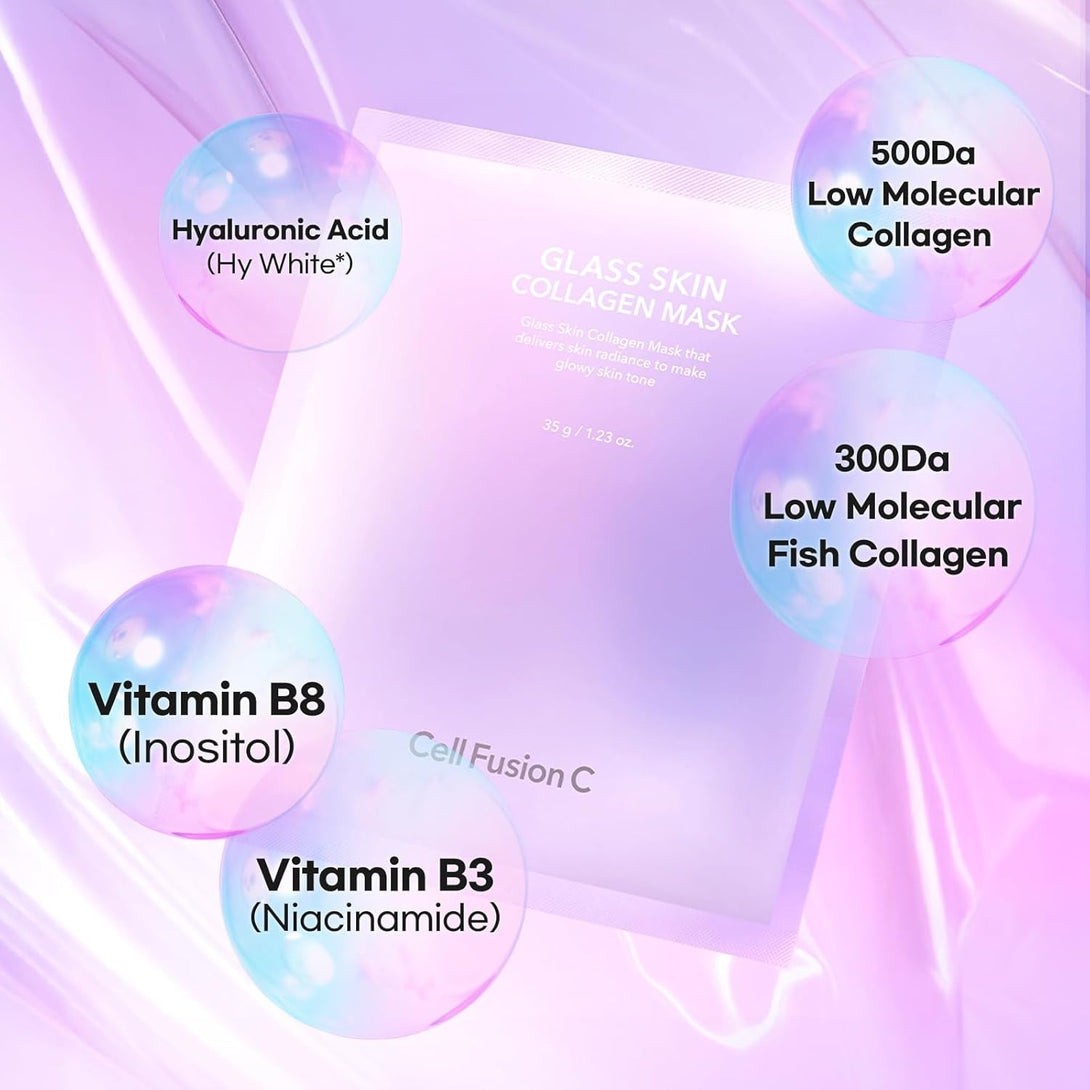 Cell Fusion C Glass Skin Collagen Mask, 1.23 Oz. X 5 Sheets, Overnight Hydrogel Mask with Triple Collagen & Niacinamide, Hydrating and Plumping, Korean Skincare
