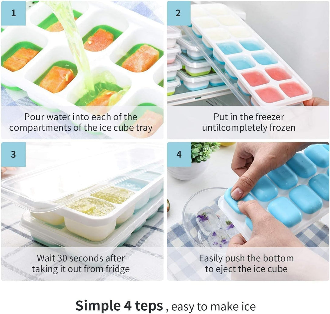 Ice Cube Tray with Lids BPA Free, 4 Pack - 56 Ice Flexible Easy Release Silicone Ice Tray for Freezer Stackable No Spill Ice Tray Dishwasher Safe for Cocktail, Whiskey, Fruit, Blue & Green