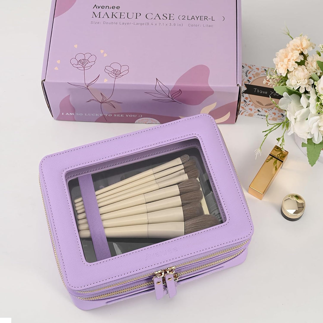 Aveniee Clear Makeup Bags, Double Layer Cosmetic Bags with a Separate Brush Compartment, Large Travel Toiletry Bag Train Case for Women, Travel Accessories Organizer(2 Layers Large, Lilac)