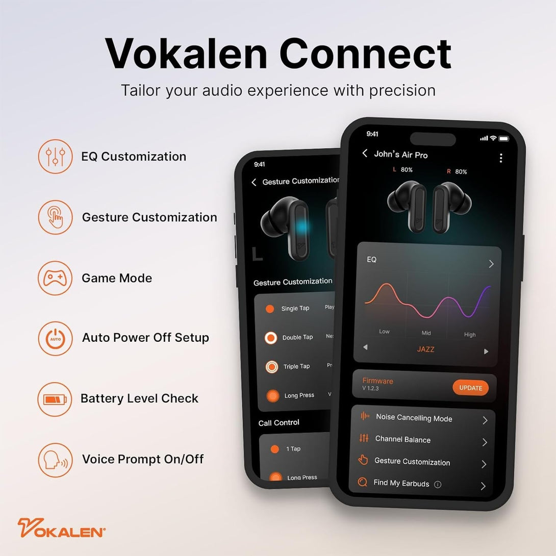 VOKALEN Air Pro True Wireless Hybrid Active Noise Cancelling Earbuds Bluetooth Headphones, Ergonomic Design In-Ear Headset, 40H Long Playtime with Wireless Charging, Custom EQ with APP, Bluetooth 5.3