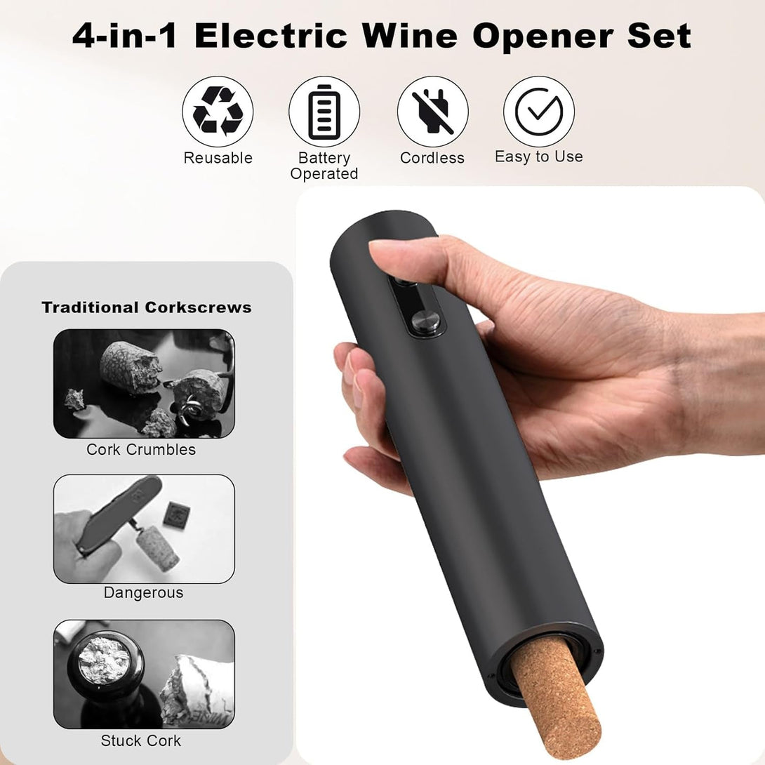 COKUNST Electric Wine Opener Set, Battery Operated Automatic Corkscrews Wine Bottles Opener with Foil Cutter, Wine Pourer, Vacuum Stopper, Reusable Wine Remover for Wine Lover Gift Home Kitchen Party