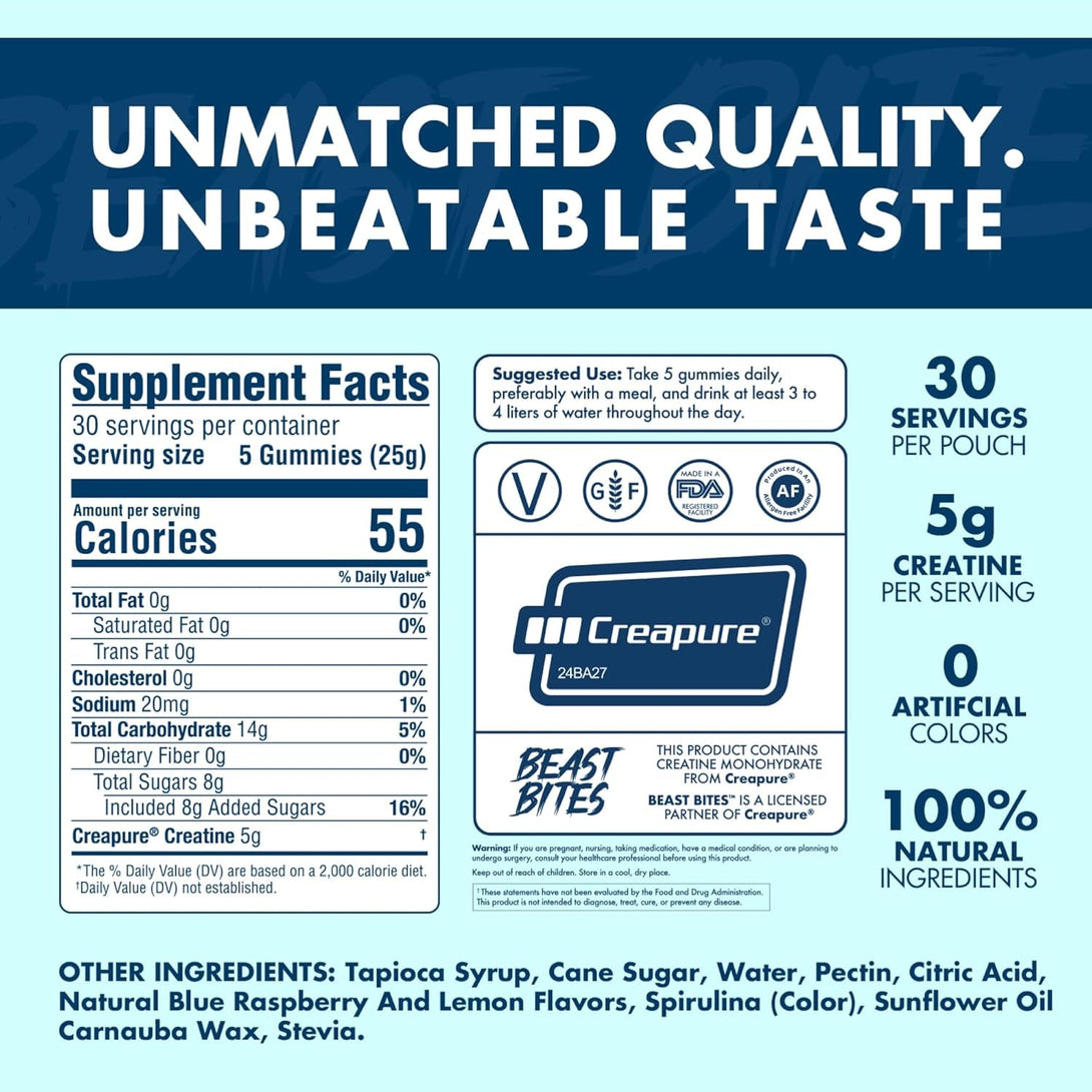 Creatine Gummies - 5G Creatine Monohydrate per Serving - Low-Calorie & Vegan - Made in the USA - Blue Raspberry Flavor - 30 Servings