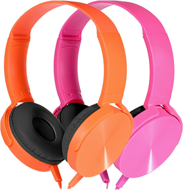 Kids Headphones 2 Pack for School Classroom, Wired Durable Earphones Class Set for Students Children Toddler Teens Boys Girls and Adult (HY450, Orange+Pink)