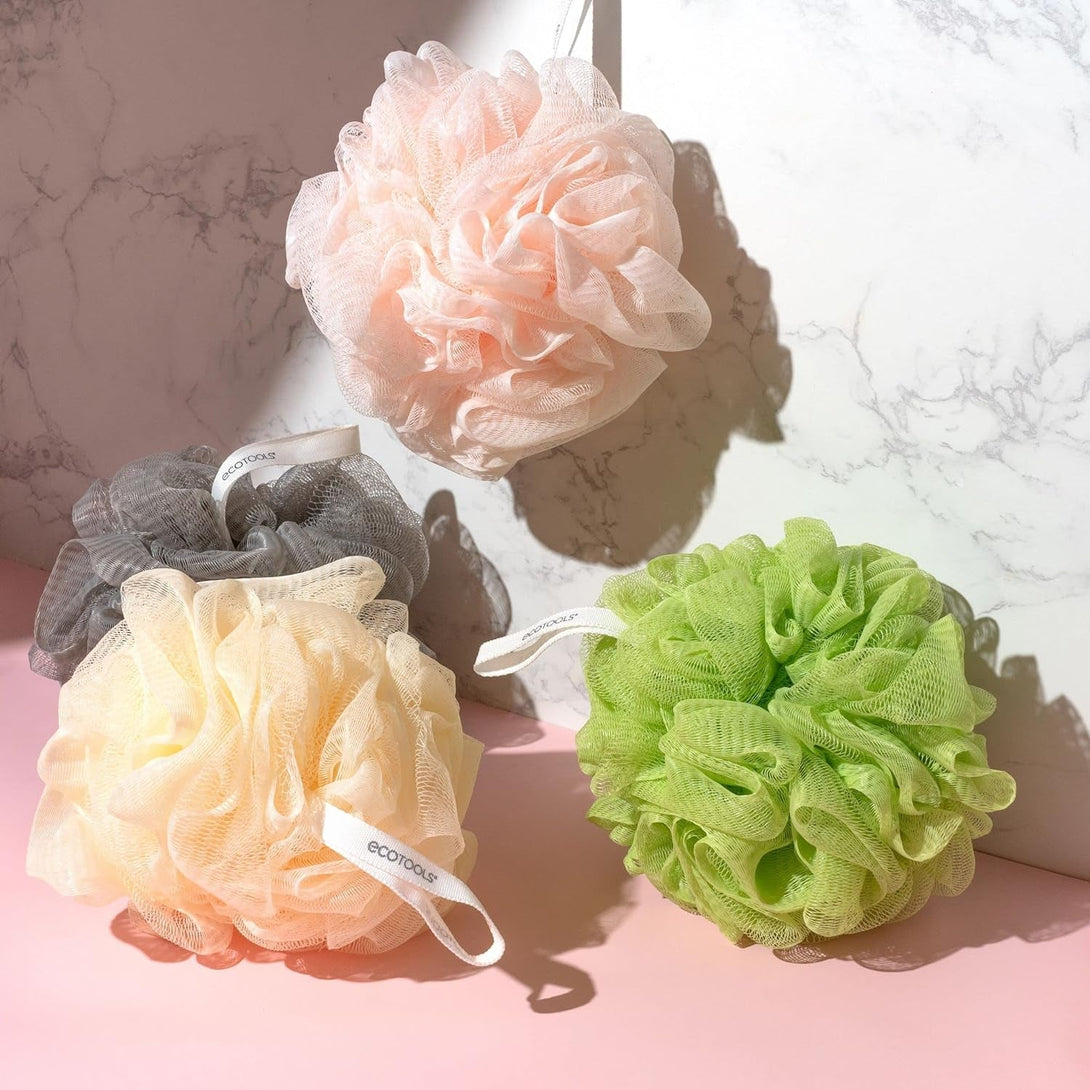 Ecotools Delicate Ecopouf 4 Pack, Loofah Sponge for Bath & Shower, Recycled Netting, Gentle Exfoliation, Pouf for Body Wash, Eco-Friendly Bath Accessory, Cruelty-Free, Color May Vary, (60G Each)
