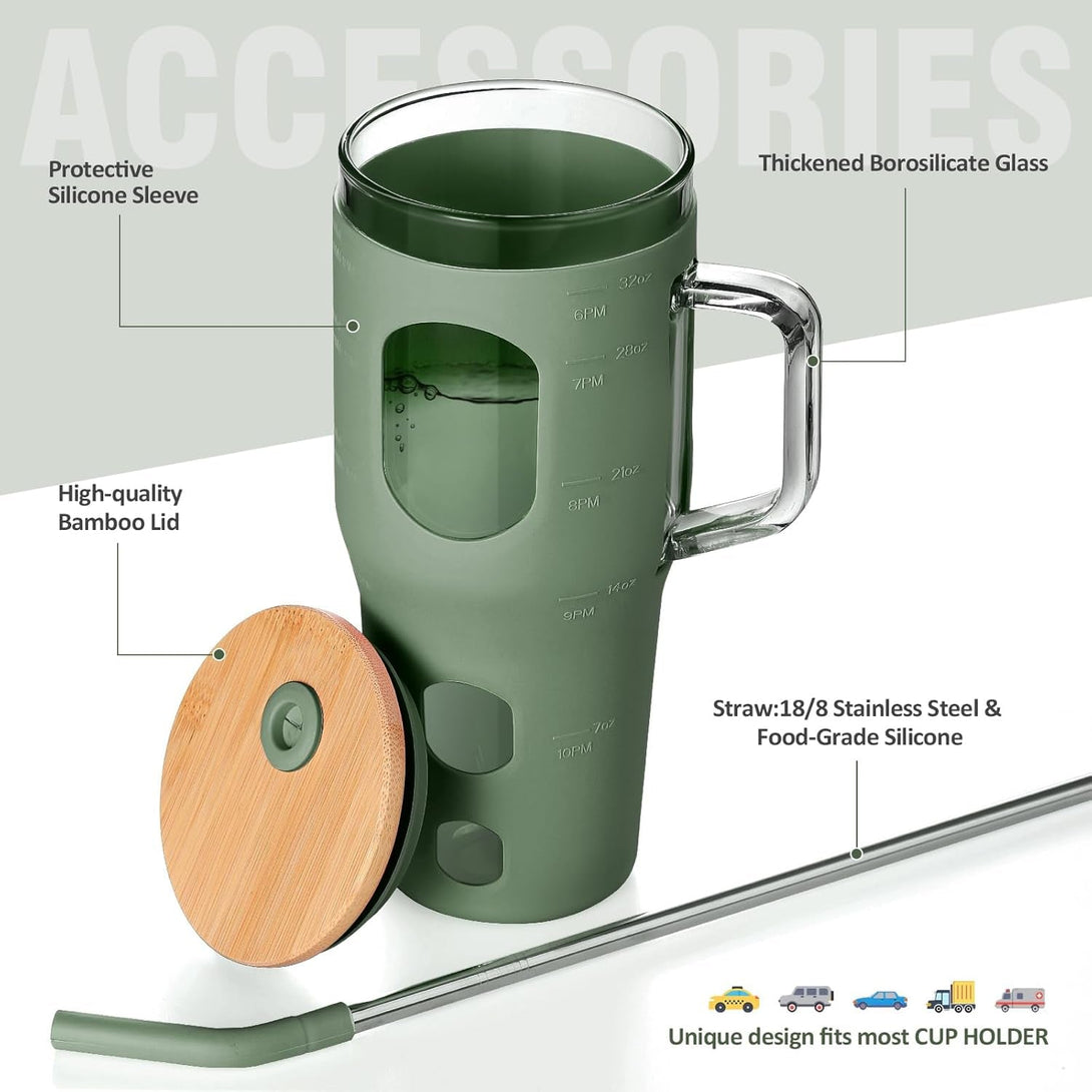 32 Oz Glass Tumbler with Lid and Straw,Glass Water Bottles with Handle,Glass Cup with Time Marker and Silicone Sleeve, Fits in Cup Holder BPA Free-Olive