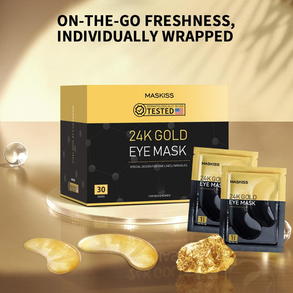 24K Gold under Eye Patches (30 Pairs), Eye Mask, Collagen Skin Care Products, Eye Patches for Puffy Eyes, Eye Masks for Dark Circles and Puffiness