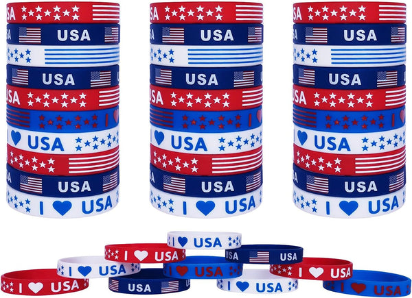 American Flag Silicone Bracelet 40Pcs, Patriotic Party Fourth 4Th of July Party Favors, Memorial Day Veterans Day Wristband, USA Red White and Blue Decoration