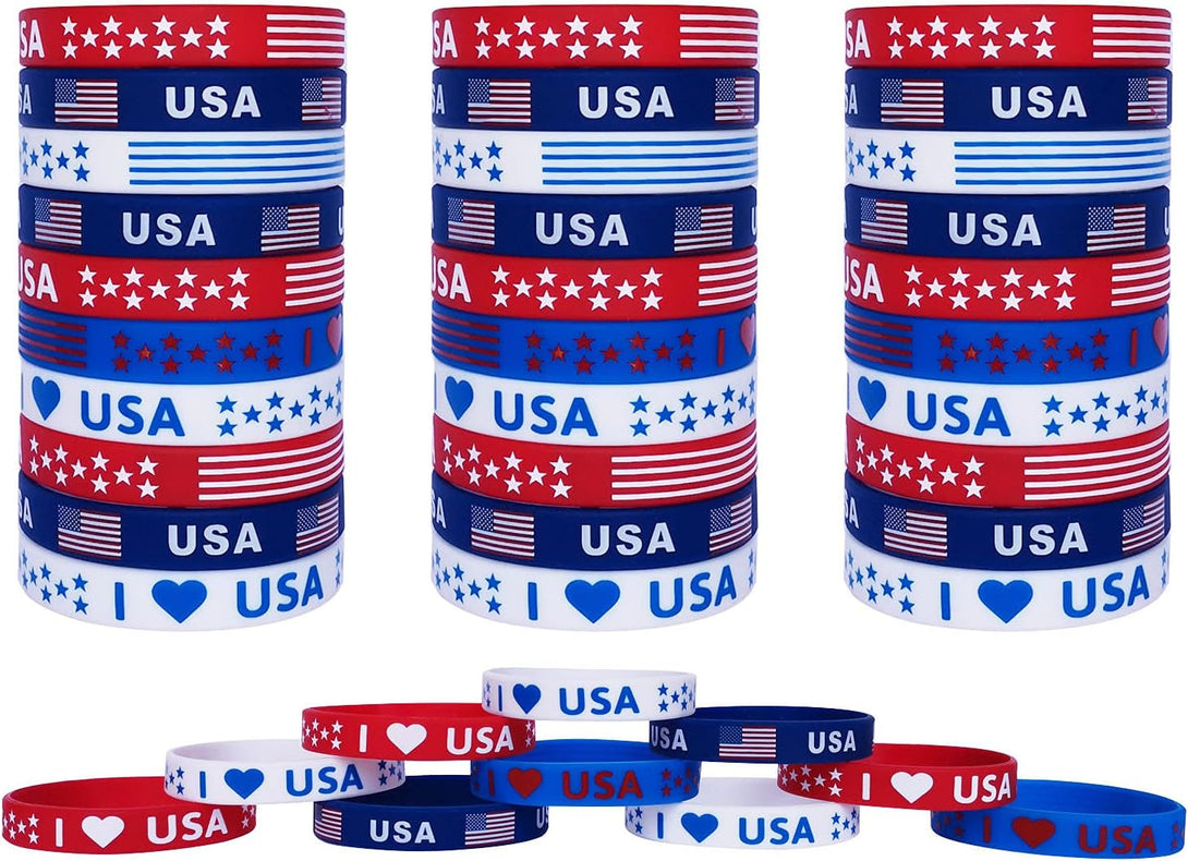 American Flag Silicone Bracelet 40Pcs, Patriotic Party Fourth 4Th of July Party Favors, Memorial Day Veterans Day Wristband, USA Red White and Blue Decoration