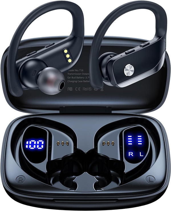 Bmanl Wireless Earbuds Bluetooth Headphones 48Hrs Play Back Sport Earphones with LED Display Over-Ear Buds with Earhooks Built-In Mic Headset for Workout Black