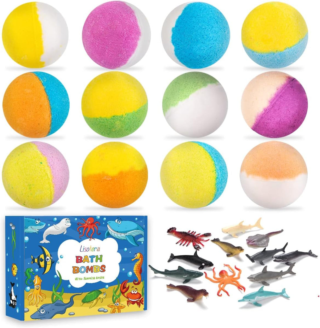 Bath Bombs for Kids with Surprise inside - 12Pcs Kids Bubble Bath Fizzies with Sea Animal Toys, Gentle Safe for Skin Moisturize. Birthday Christmas Gifts for Boys Girls