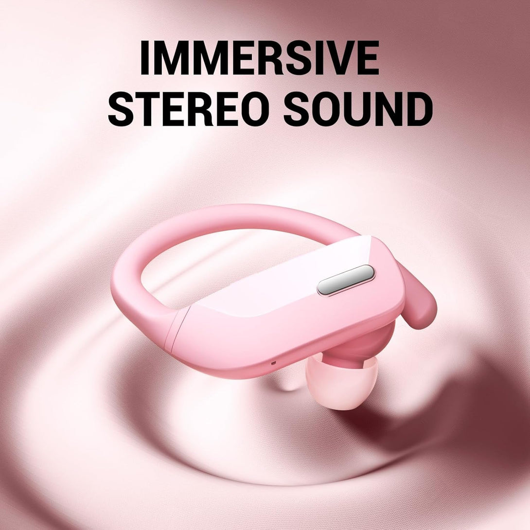 Wireless Sport Bluetooth Headphones 80Hrs Stereo with HD Mic with Earhooks ENC Noise Canceling Over-Ear Earphones, IP7 Waterproof Headset for Computer Workout Running Pink