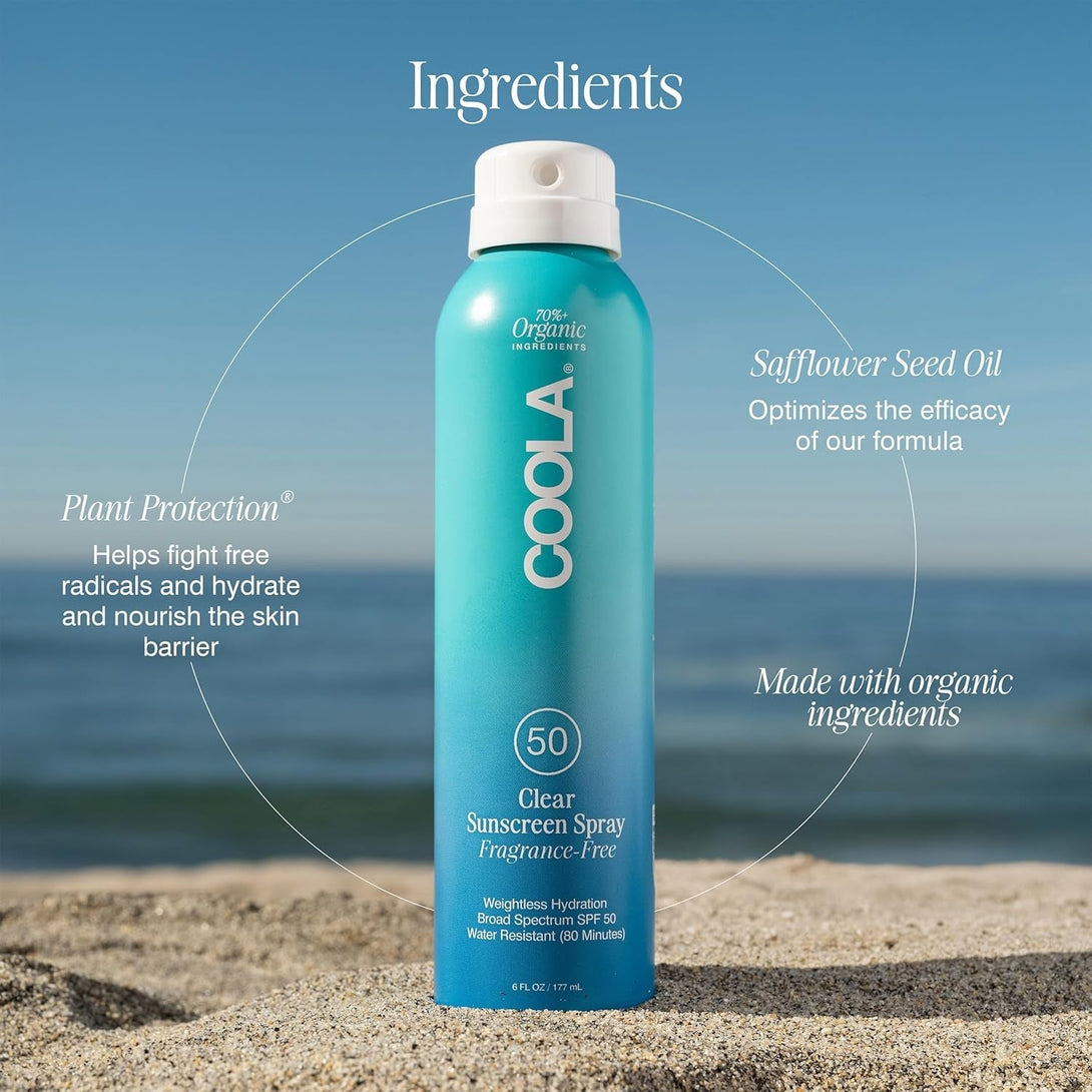 COOLA Organic Sunscreen SPF 50 Sunblock Spray, Dermatologist Tested Skin Care for Daily Protection, Vegan and Gluten Free, Fragrance Free