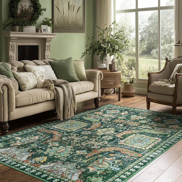 5X7 Ft Green Washable Area Rug, Non-Slip Soft Boho Indoor/Outdoor Rug for Bedroom, Living Room, Kitchen, Patio, Office, Entryway, Kids, & Runners