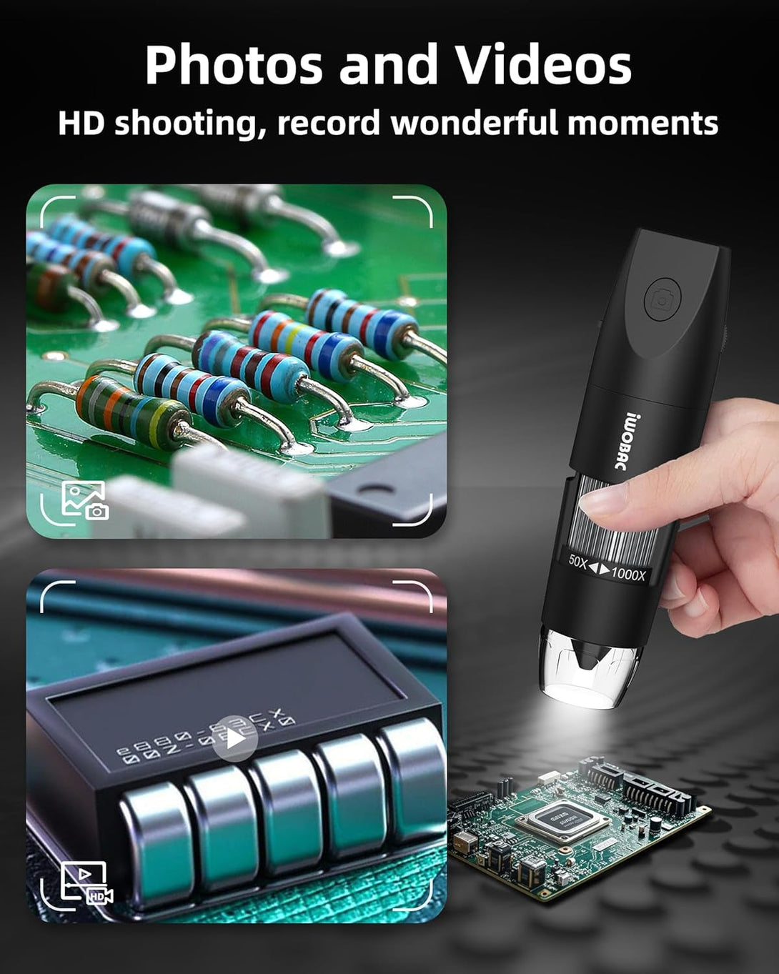 Digital Microscope Wireless Pocket Handheld USB Microscopes, 50X-1000X Zoom Fixed Focus HD Magnifier with Leds, Inspection Camera Compatible with Iphone, Android Phone, Macbook, Windows PC (Black)