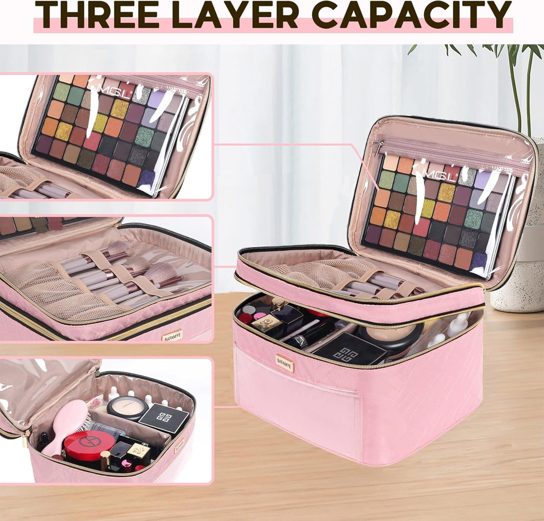 8.8L Double Layer Travel Makeup Bag Women, Large Cosmetic Case, Organizer for Travel-Size Accessories Bottles, Brushes, and Skin Care Products, Pink 2.33 GAL