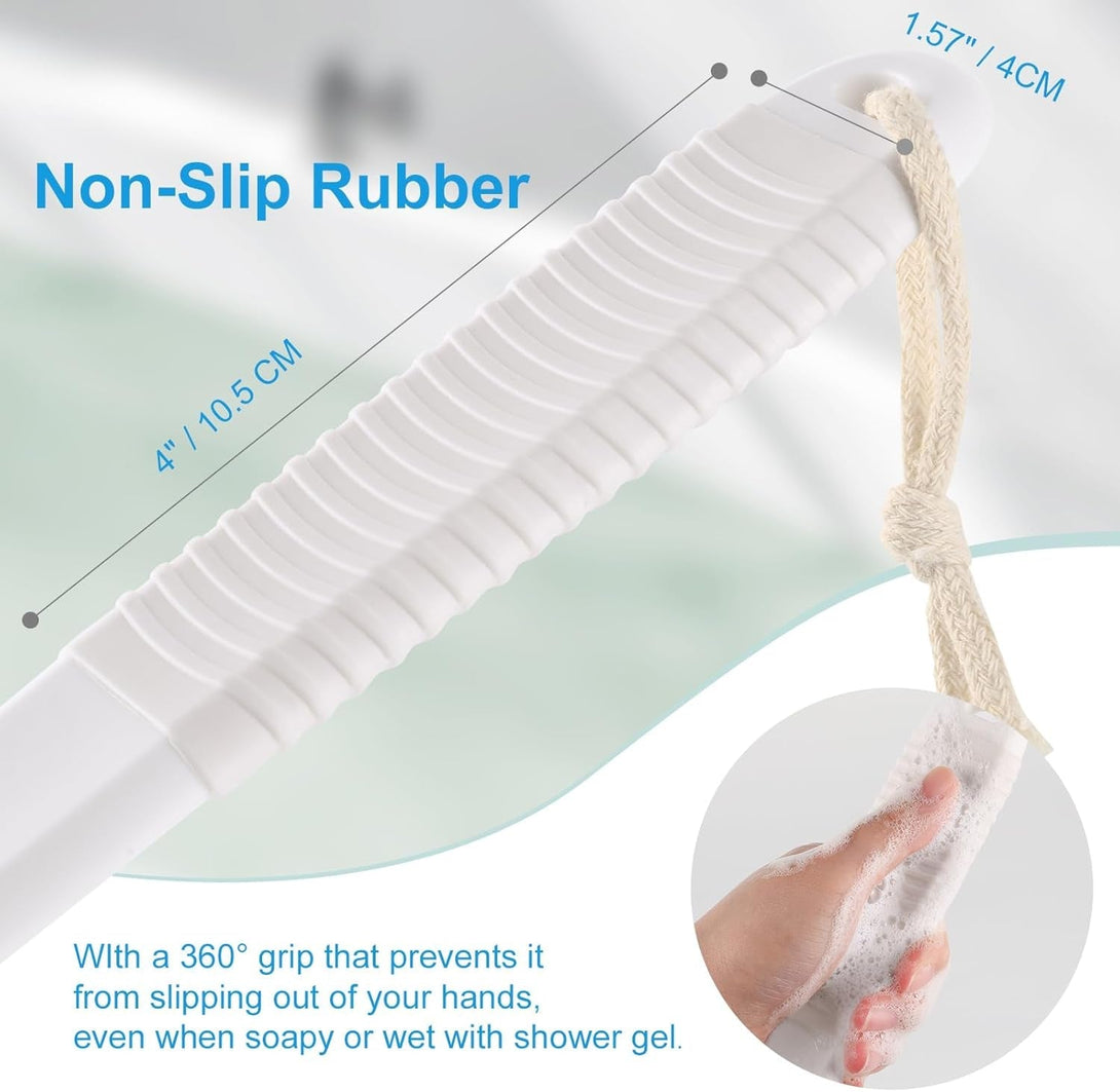 VANZAVANZU Back Scrubber for Shower, Bath Brush with 17-Inch Long Anti-Slip Handle, Wet and Dry Brushing Body Brush for Body Cleansing, Back Brush for Men and Women (White)