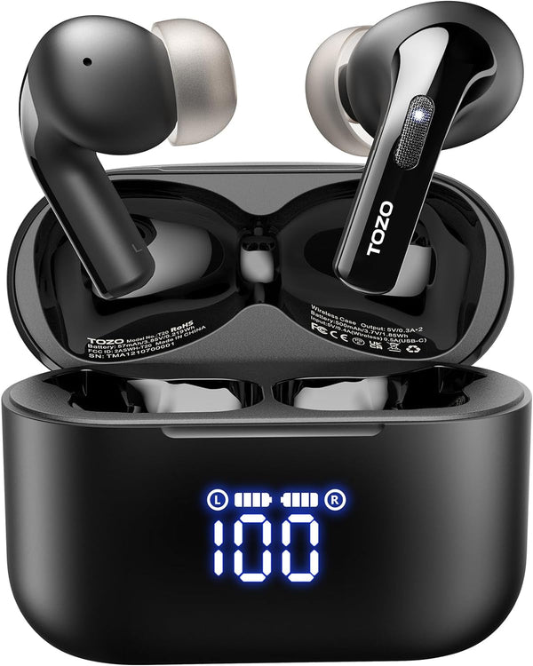 TOZO T20 Wireless Earbuds Bluetooth Headphones 48.5 Hrs Playtime with LED Digital Display, IPX8 Waterproof, Dual Mic Call Noise Cancelling 10Mm Broad Range Speakers with Wireless Charging Case