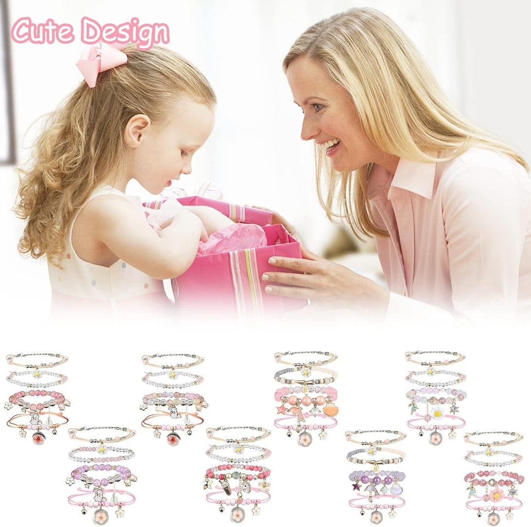 4 Pcs Beaded Cute Bracelets for Teen Girls Women, Dainty Cute Cartoon Crystal Beads Pearl Stretch Charm Handmade Adjustable Anklets Bracelet Set Birthday Gift for Friends