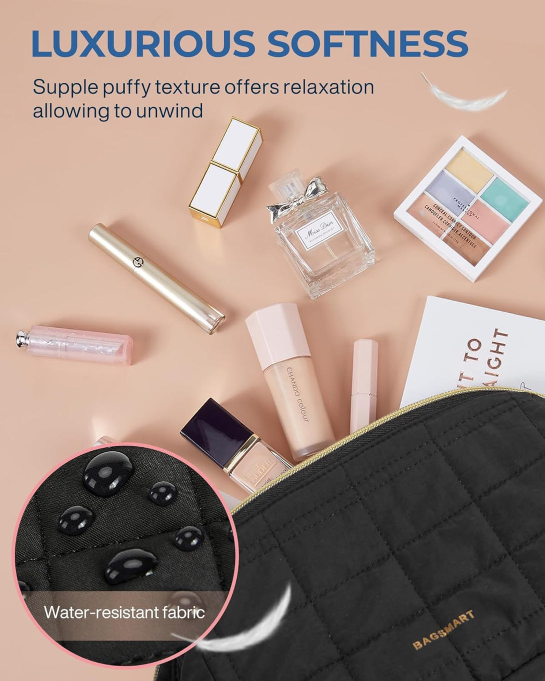 BAGSMART Makeup Bag Travel Toiletry Bag, Puffy Padded Make up Bags for Women Makeup Organizer Case, Wide-Open Pouch Purse Travel Essentials Toiletries Accessories Brushes, Black