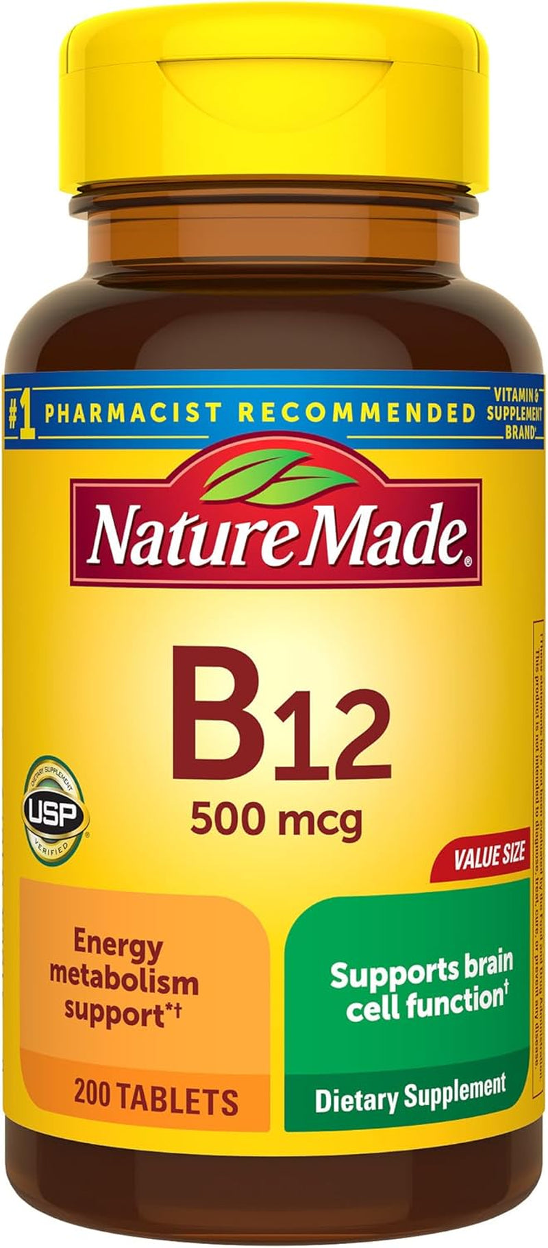Nature Made Vitamin B12 500 Mcg, Dietary Supplement for Energy Metabolism Support, 200 Tablets, 200 Day Supply