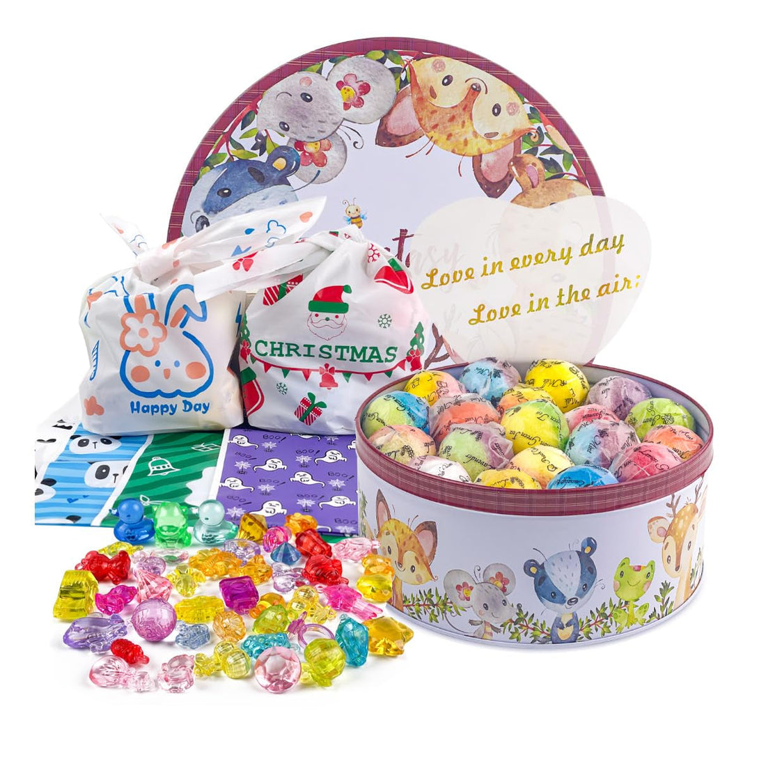 34 + 6 Bath Bombs with Crystal Toys inside for Kids, 34PCS Organic Surprise Bath Bomb Gift Set for Christmas, Birthday, Easter, Natural Fizzy Bath Home Spa, 6PCS Gift Bags for Girls and Boys