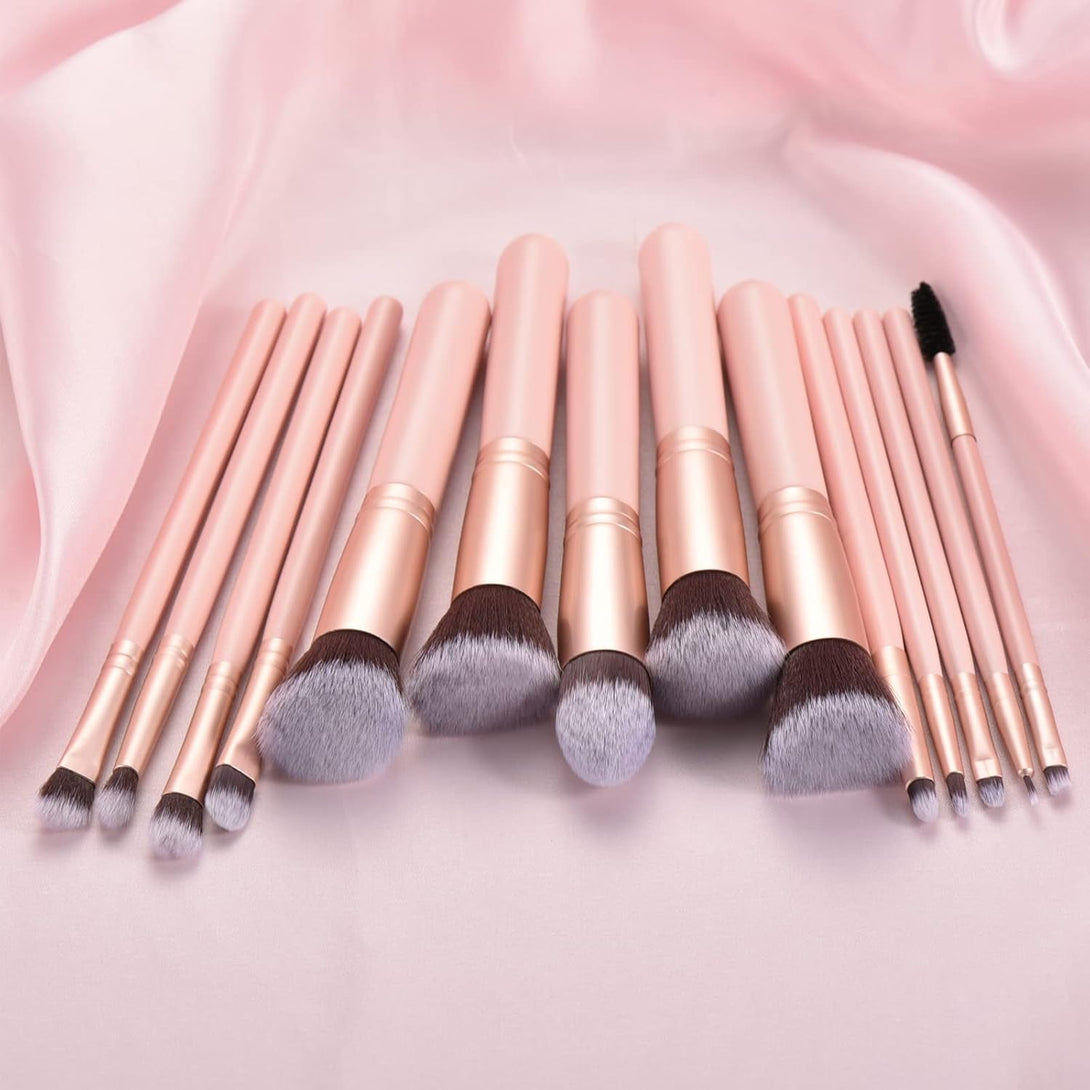 14 Piece Pink Makeup Brushes-Wooden Handle with Soft Synthetic Bristles,For Face & Eye Makeup|Professional Makeup Brushes Set for Women & Girls|