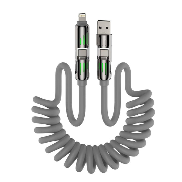 4-In-1 Coiled Universal USB Charging Cable -MAX 240W Fast Charging/Charger Cord with Multi USB Port for Iphone 16/15 14 13 Ipad Samsung Galaxy Macbook Ipad Tablets and More (Grey, 6Ft)