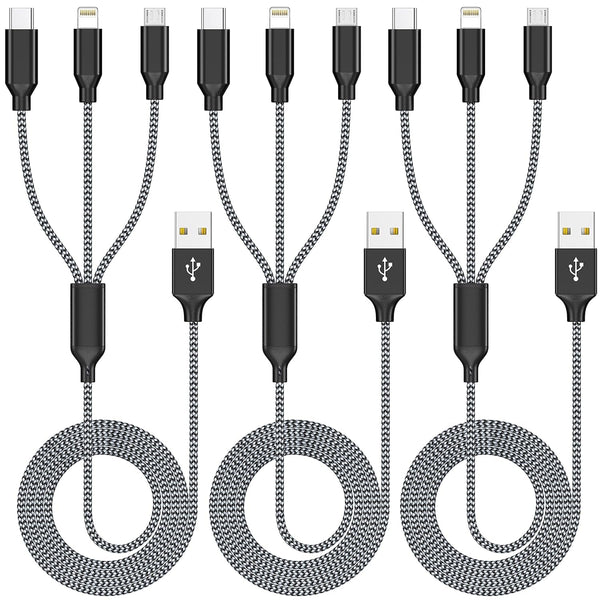 Multi Charging Cable 3Pack 4FT Multiple Charger Cable Rapid Nylon Braided Cord USB Charging Cable 3 in 1 Multi Phone Charger Cord with Type C Micro Lightning USB Connectors for Cell Phones
