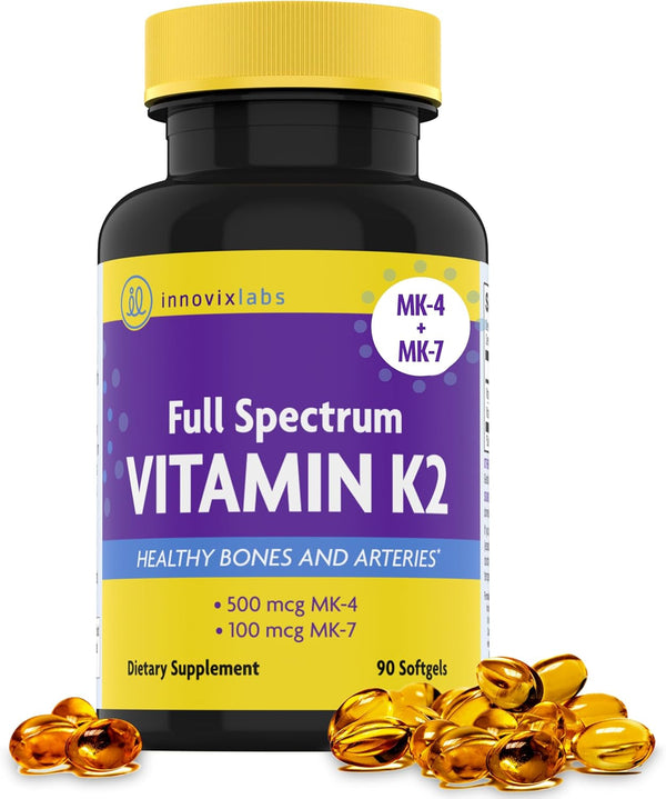 Innovixlabs Full Spectrum Vitamin K2-90 Softgels with 600 Mcg of Trans Form MK7 and MK4 - Supports General Health and Bone Strength - Soy and Gluten Free K2 Vitamin Supplement
