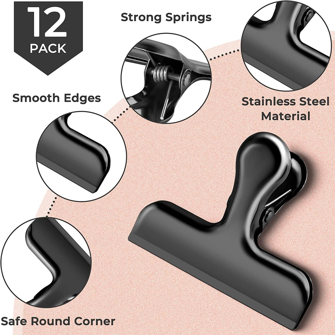 12 Packs Metal Black Chip Clips, Heavy Duty Chip Clips Bag Clips Food Clips, Bag Clips for Food, Clips for Food Packages, Stainless Steel Food Clips for Bag