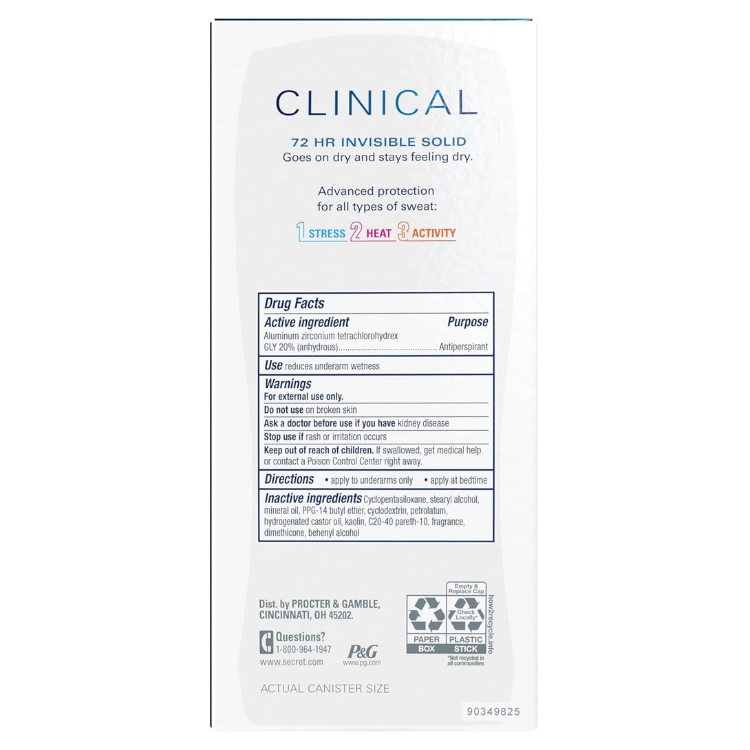 Secret Clinical Strength Antiperspirant Deodorant for Women, 3X Stress Protection, 72Hr Sweat & Odor Protection, PH Balancing Minerals, Invisible Solid, Completely Clean Scent, 2.6 Oz