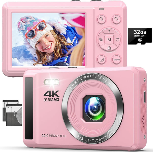 4K 44MP Digital Camera for Photography - 16X Zoom - Portable Vlogging Camera Includes 32GB SD Card & 2 Batteries for Kids, Teens, Beginners