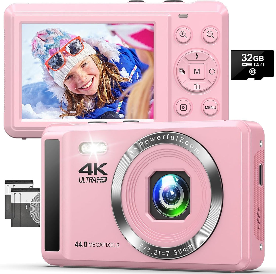 4K 44MP UHD Digital Camera - Autofocus Small Compact Cameras with 16X Zoom - Portable Vlogging Camera with 32GB Card and 2 Batteries for Kids, Teens