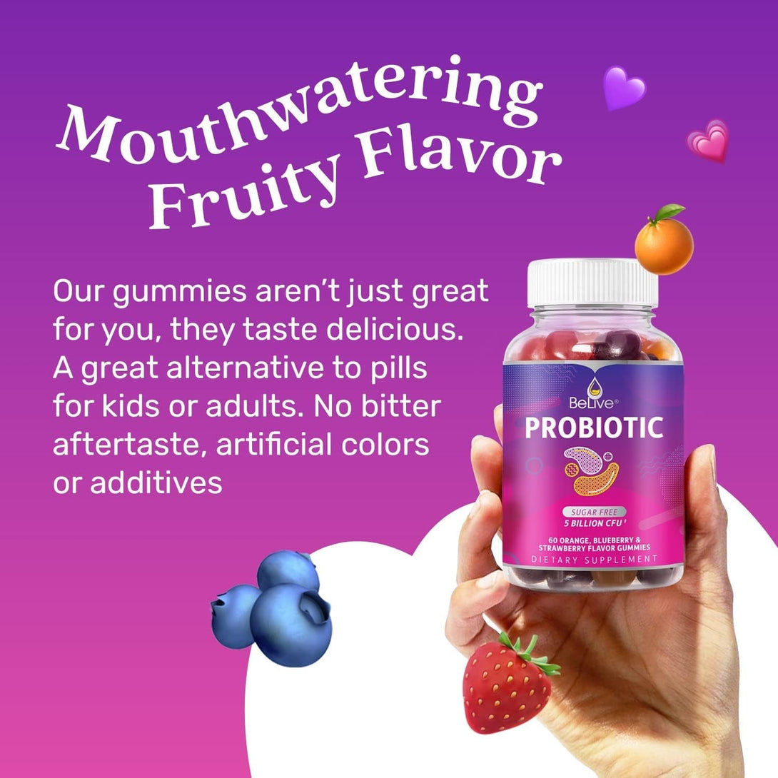 Belive Probiotic Gummies - Probiotics with 5 Billion Cfus for Digestive Health, Men, Women & Kids - for Immune Support, Sugar Free & Vegan | 60 Ct – Blueberry, Strawberry & Orange