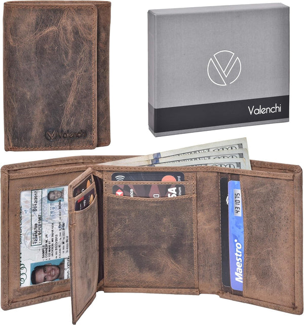 RFID Leather Trifold Wallet with 9 Card Slots,2 Note Pocket Coin Pocket & ID Window