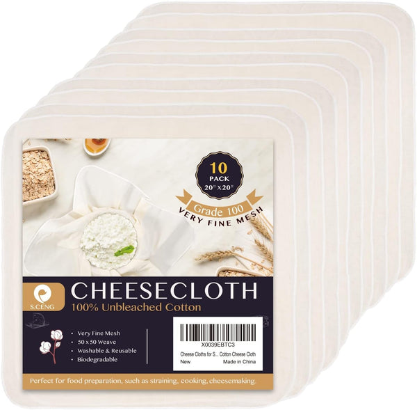 Cheese Cloths for Straining, Grade 100, 20 X 20Inch 10 Pack, Hemmed Cheesecloth for Cooking, 100% Combed Unbleached Cotton Cheese Cloth