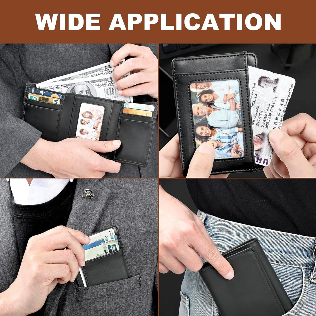 Trifold Wallet for Men Wallets with 8 Card Slot and 2 Money Pocket and 1 Clear Windows Slot + 1 Slim Card Pocket for Credit Card with 6 Card Slot and 1 Transparent Windows Slot - Black