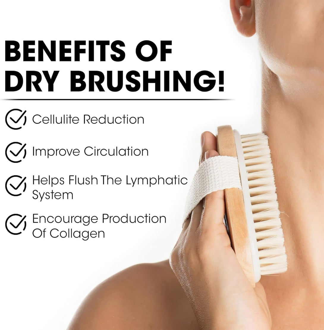 Dry Body Brush 2 Pack – Natural Boar Bristle Exfoliating Brush for Lymphatic Drainage, Cellulite, Dry Skin – Wooden Spa Scrub Brush with Strap for Bath, Shower & Self-Care