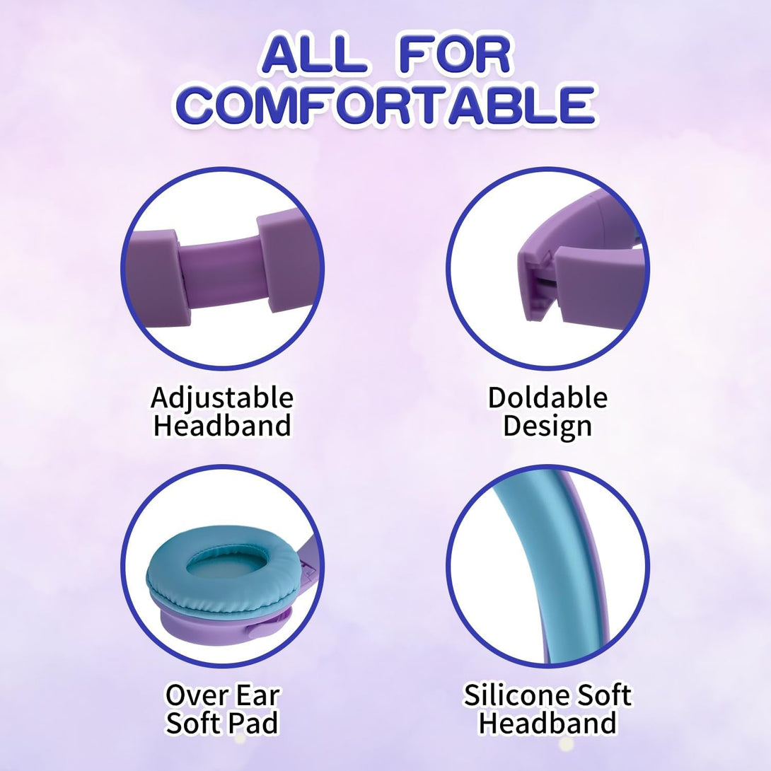 Kids Wireless Headphones, Bluetooth Headphones for Teen Kids, over Ear Toddler Headphones Foldable with Built-In Mic for Cell Phones TV Tablet School Network Boys Girls (E6 Purple)